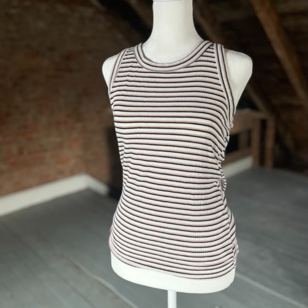 Fitted Ribbed American Eagle Tank Top, Pink & Brown Striped, Crew Neck